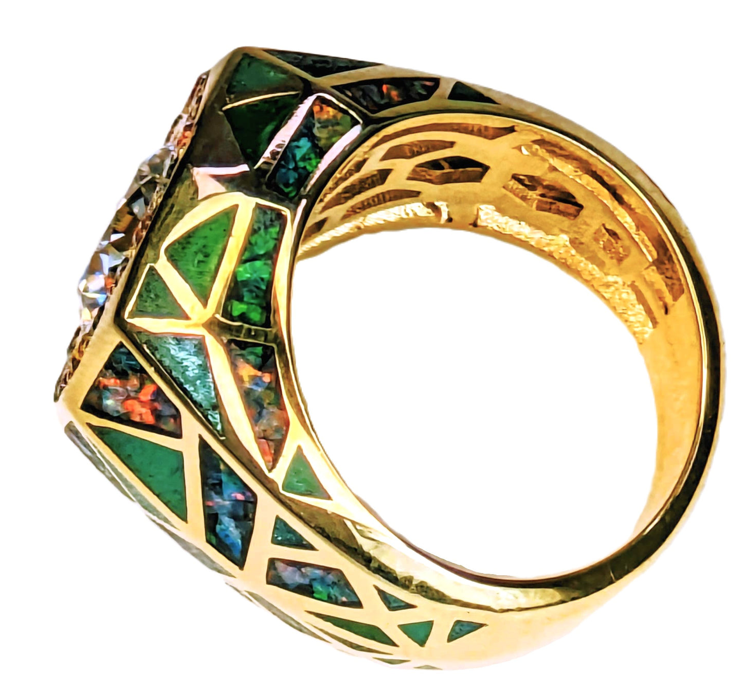 14k yellow gold, multi coloured sapphires, enamel, natural moissanite, Australian opal, Halo ring