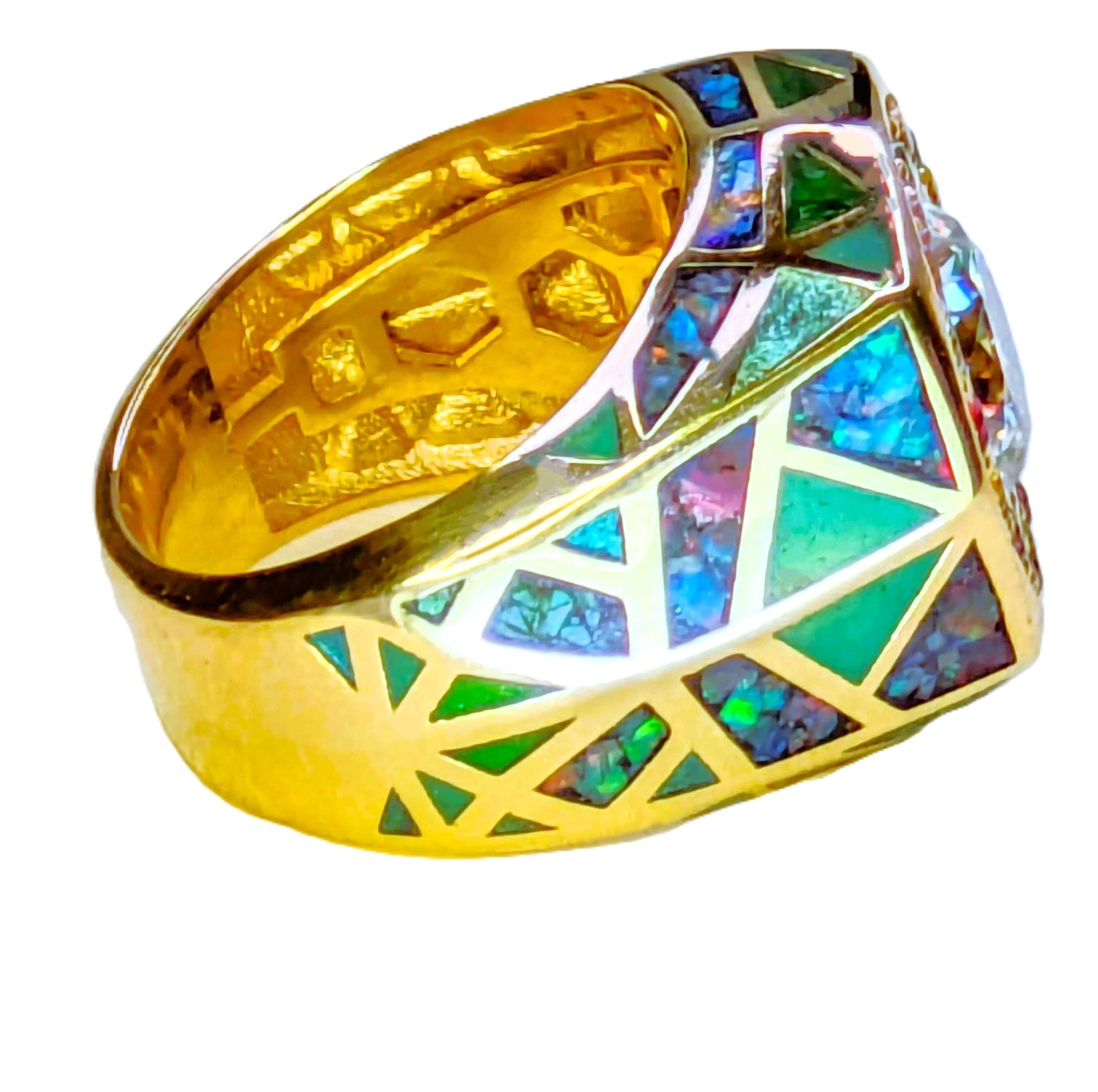 14k yellow gold, multi coloured sapphires, enamel, natural moissanite, Australian opal, Halo ring